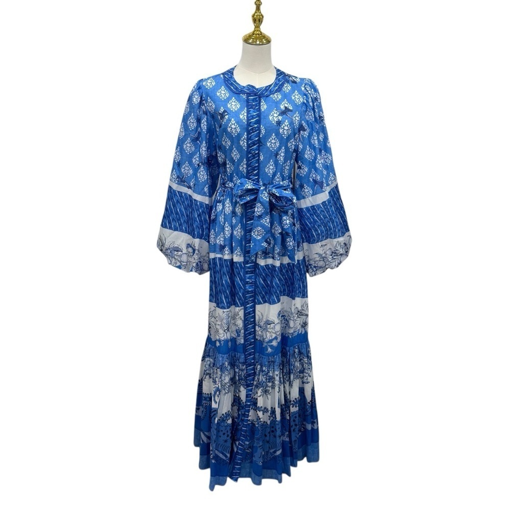 A Loves A Border Print Mandarin Collar Long Sleeve Button Front/Tie Maxi Dress - Picture 3 of 12